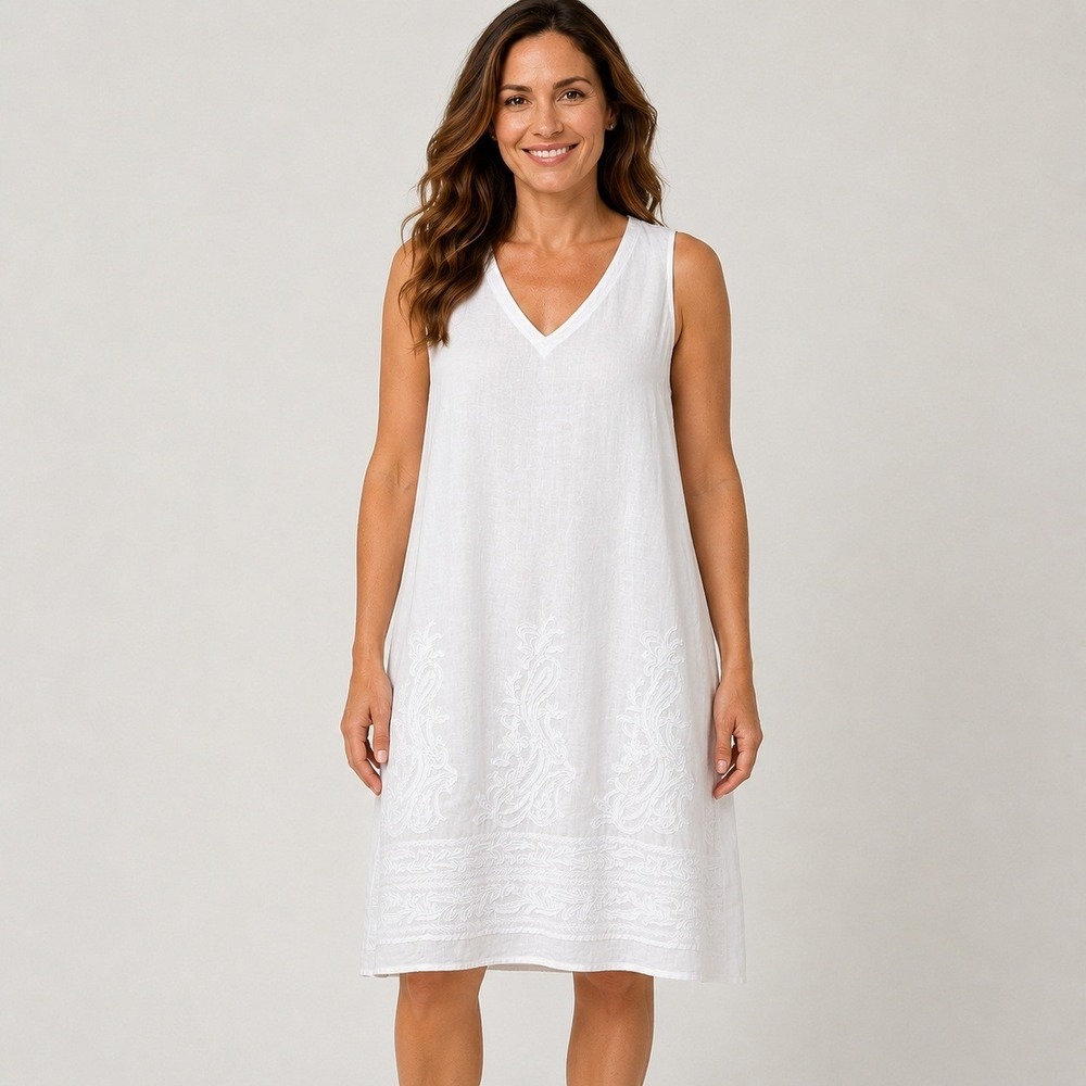 Pure Jill Women's ELEMENTS Elements White 100% Linen Embroidered V-Neck Dress L